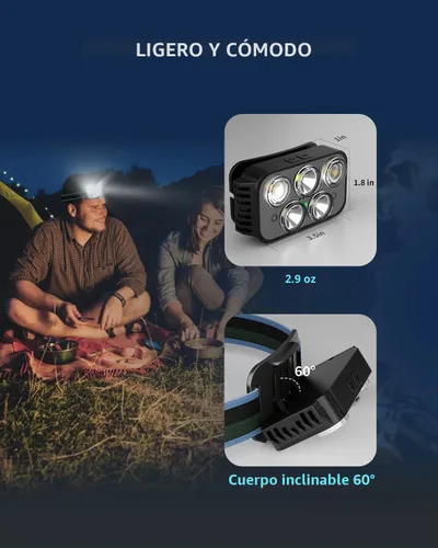 Vista 6 de Linterna frontal recargable, 400 lúmenes, con sensor de movimiento súper brillante, linternas de cabeza impermeables con luz blanca y roja, 6 modos
