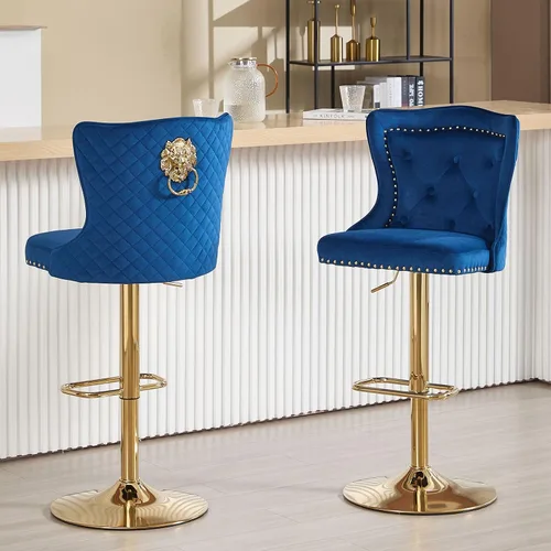 Vista 10 de Juego de 2 taburetes de bar negros y dorados, taburetes de bar de terciopelo con respaldo de ala alta, modernas sillas de bar tapizadas, taburete