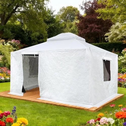 Vista 8 de Domi 2,44 m x 2,44 m Funda Universal de Invierno para Cenadores con Techo Rígido, Cubierta Exterior Impermeable con Paredes Laterales y Ventanas