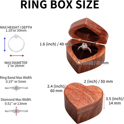 Vista 6 de Caja de Anillo de Propuesta de Compromiso Delgada de Madera en Forma de Corazón Caja Portador Soporte de Anillos para Ceremonia de Boda, Día de Una