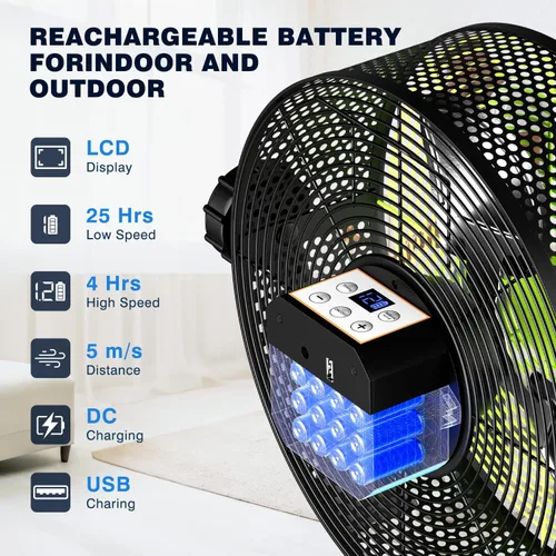 Vista 3 de Ventilador de piso recargable portátil de 10 pulgadas, ventilador silencioso de metal con pilas, tiempo de funcionamiento 24 horas, 12 velocidades