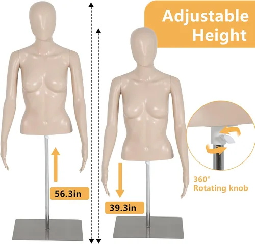 Vista 5 de Maniquí de costura femenino de 39 a 56 pulgadas, maniquí de medio cuerpo ajustable con base de metal, soporte de maniquí para ropa de exhibición