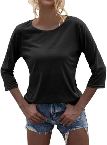 Vista 2 de Danedvi Camiseta de manga 34 con cuello redondo para mujer, tops básicos casuales