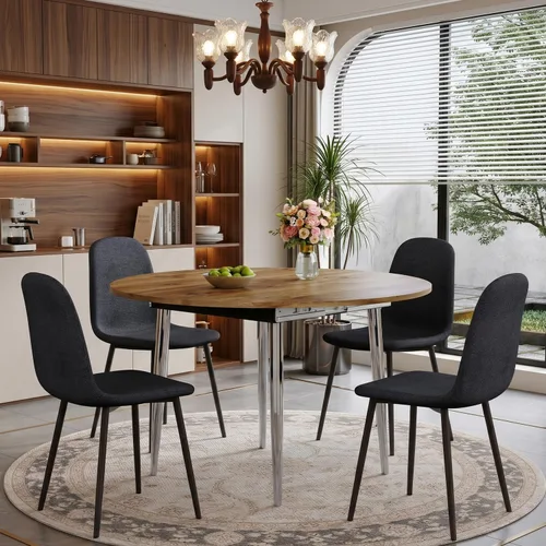 Vista 15 de FURNITO Juego de mesa de comedor de madera para 4, mesa extensible redonda a ovalada de 42 a 54 pulgadas con 4 sillas de tela, juego de comedor 4