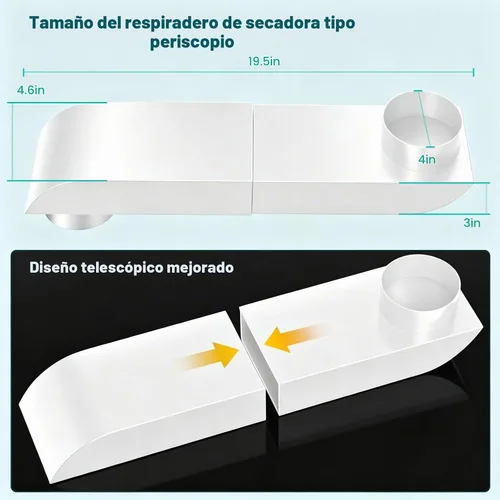 Vista 3 de Periscope - Ventilación telescópica para secadora de 9.5 a 14.5 pulgadas, de acero inoxidable, ajustable, kit de conector de perfil bajo para Blanco