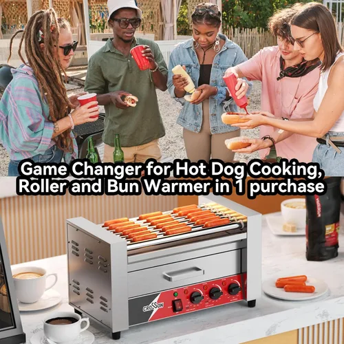 Vista 5 de CROSSON Hot Dog 7 Rodillos con Calentador de Pan, Máquina Comercial de Cocina con Asador Giratorio Antiadherente 7 en 304, Parrilla Eléctrica