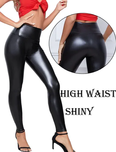 Vista 4 de RIOJOY Leggings sexys de cuero sintético para mujer, cintura alta, levantamiento de glúteos, pantalones de piel sintética elásticos con realce