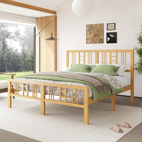 Vista 11 de Marco de cama de madera de bambú de 12 pulgadas con cabecero y estribo, marco de cama con soporte de listones de metal, resistente, no necesita