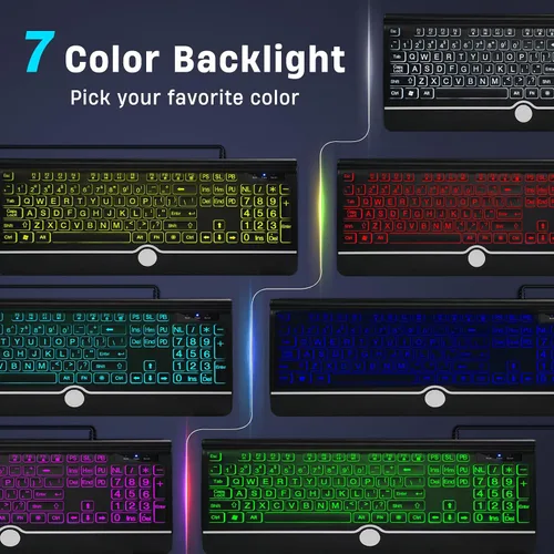 Vista 4 de Teclado de computadora retroiluminado de letras grandes, teclado retroiluminado de 7 colores con reposamuñecas, USB Plug-and-Play, teclas de letras