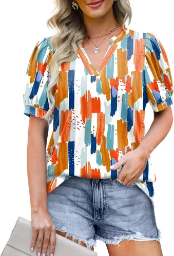 Vista 3 de OFEEFAN Blusas plisadas de manga abombada para mujer, cuello en V, holgadas, elegantes, casuales, S-3XL
