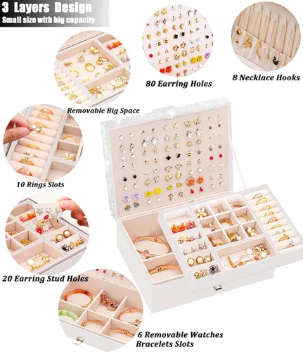 Vista 2 de QBestry Organizador de aretes de tuerca para niñas, caja organizadora de joyas, caja de aretes para niñas, caja de joyería para niñas, organizador