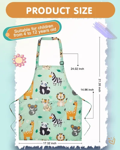 Vista 4 de Lictin Paquete de 2 delantales para niños y niñas para cocinar, delantal de arte impermeable con bolsillos para niños, pintar, cocinar, hornear