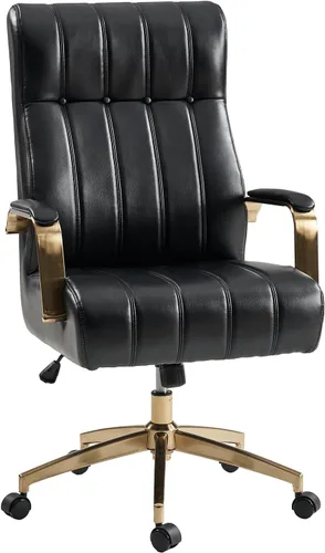 Vista 8 de HULALA HOME Silla de oficina ejecutiva moderna, silla de escritorio ergonómica copetuda de piel sintética con base chapada en oro y reposabrazos