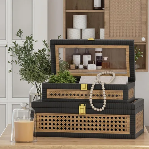 Vista 2 de Caja Decorativa de Ratán, Cajas de Exhibición Boho con Tapas, Juego de 2 Almacenamiento Decorativo Rectangular de Mimbre, Contenedores de Caña