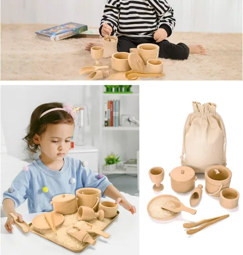 Vista 3 de Montessori Juguetes sensoriales de contenedores para niños de 1 año Paquete de 9 juguetes Waldorf de madera con palas y pinzas para el trabajo