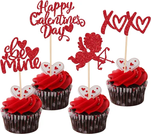Vista 16 de Rsstarxi Paquete de 24 adornos para cupcakes para el día de San Valentín, con purpurina roja, dulce amor, para cupcakes, decoración de San Valentín