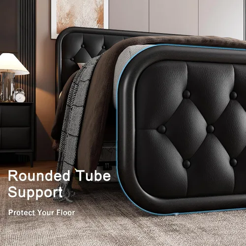 Vista 4 de GalnFu Marco de Cama de Metal Completo, Cama Tapizada con Cabecero y Pie de Cama de Cuero Capitoné, Cama de Plataforma en Forma de U de Servicio