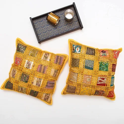 Vista 3 de INDACORIFY Juego de fundas de cojín surtidas de retazos, almohada de parche con cuentas hecha a mano india, almohada bohemia, funda de cojín