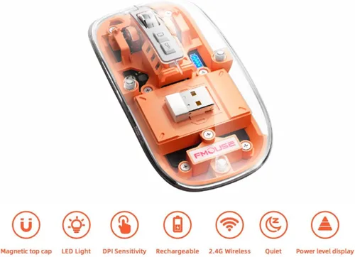 Vista 6 de Ratón inalámbrico, Bluetooth+2.4 GHz recargable con receptor USB, 2400 DPI LED delgado computadora silenciosa portátil Bluetooth ratón transparente
