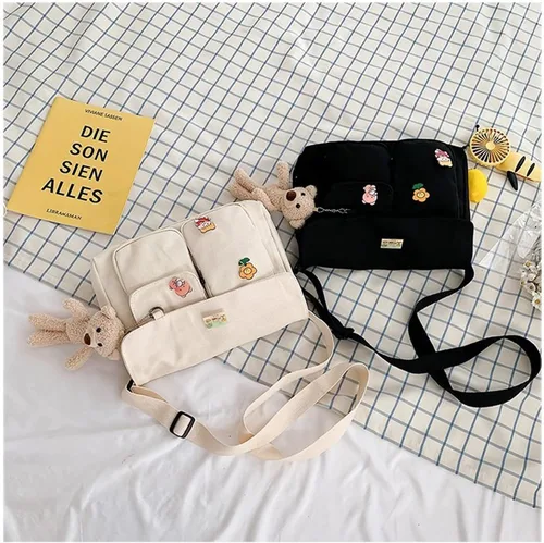 Vista 5 de Bolso cruzado de lona con pines Kawaii y colgante, multifunción, casual, lindo hombro mensajero bolsa de viaje para niñas adolescentes
