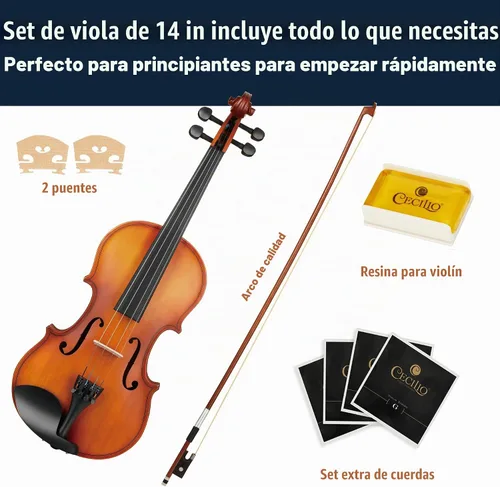 Vista 6 de Mendini by Cecilio Juego de viola de madera maciza de 14 pulgadas para principiantes - Kit de viola acústica tallada a mano con estuche rígido Satén