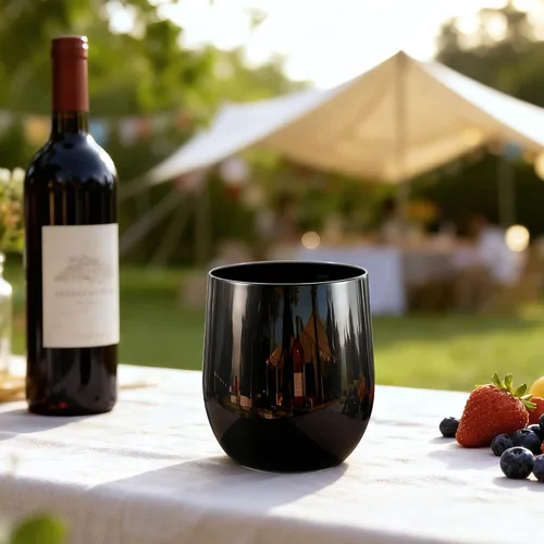 Vista 4 de Juego de 6 vasos de vino de plástico sin tallo de 14 onzas, vasos de acrílico multiusos, negros, reutilizables, resistentes a roturas, aptos