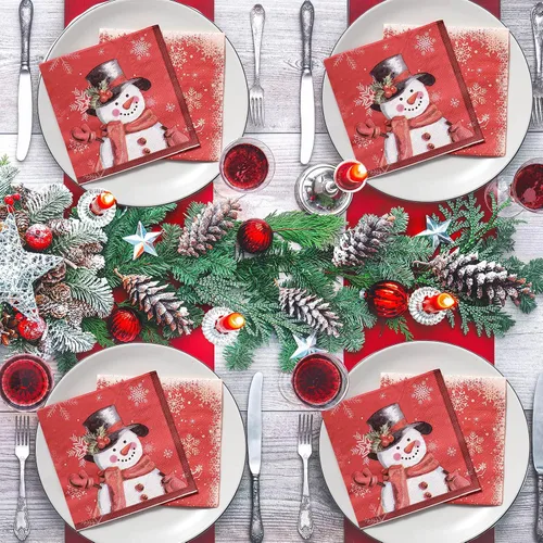 Vista 7 de Faccito 100 servilletas de papel de muñeco de nieve de Navidad, servilletas de cóctel de copo de nieve de invierno, servilletas de bebidas rojas