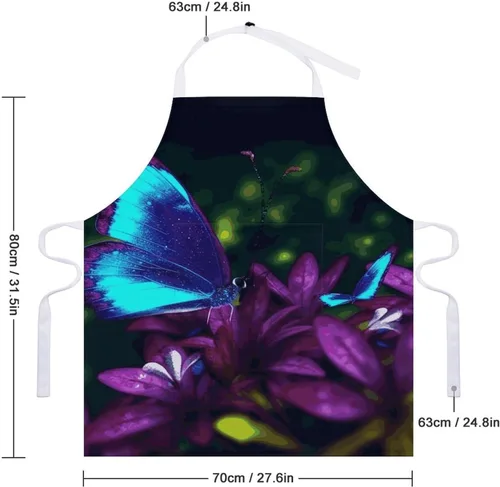 Vista 2 de MUSM Blue Purple Flower Butterfly Apron，Classic Vintage Funny with Pockets Aprons,Adjustable Bib Waterdrop Resistant for Kitchen Cooking Restaurant