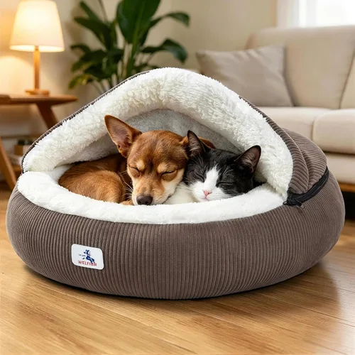 Vista 9 de Cama calmante y acogedora para cueva de perro, madriguera para No se pliega, funda con capucha, camas de capullo lavables, perros medianos y gatos