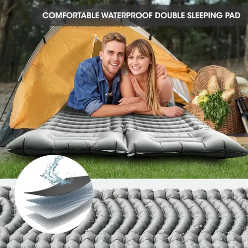 Vista 4 de Almohadilla de dormir doble autoinflable de 4 pulgadas de grosor para acampar de 2 personas, bomba de pie integrada, almohada ergonómica y diseño
