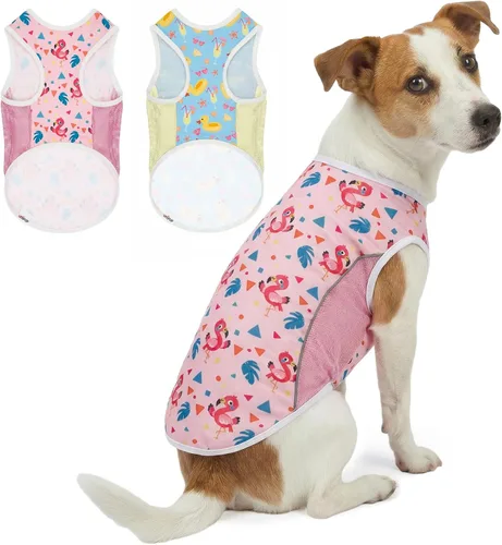 Vista 9 de Camiseta para perro con protección solar UPF 50+, paquete de 2 chalecos ligeros sin mangas para perros pequeños y niñas, tiras reflectantes, ropa