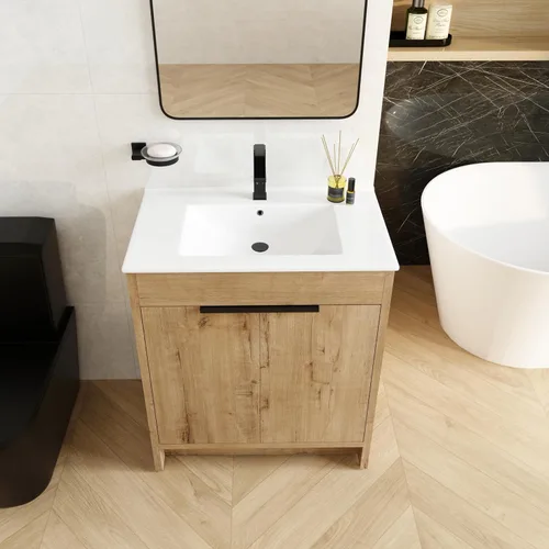 Vista 12 de Tocador de baño negro de 30 pulgadas con fregadero, tocador de baño independiente, tocador de baño, armario de tocador, 2 cajones y 1 estante abierto