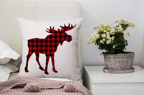 Vista 3 de Nphuriy Funda de almohada decorativa Animal Moose Red and Black Chess Plaid Scottish Buffalo de algodón y lino, funda de cojín cuadrada para sofá