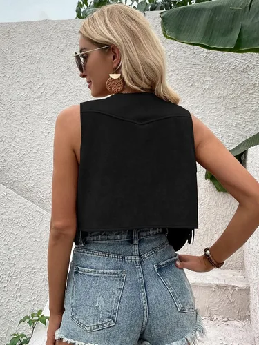 Vista 2 de Verdusa Chaleco de ante con borlas para mujer, sin mangas, con flecos, chaqueta corta hippie