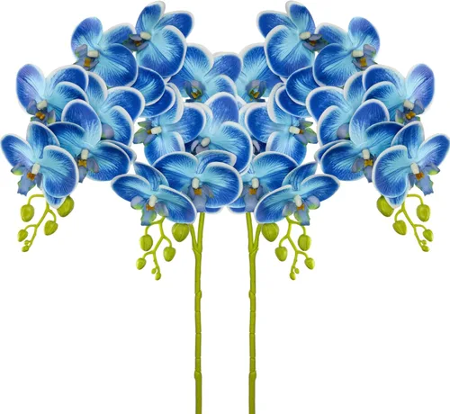Vista 5 de Orquídeas azules de 30 pulgadas, flores artificiales de tacto real Phalaenopsis en aerosol, tallos de orquídeas artificiales falsas, arreglo alto