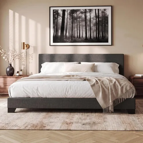 Vista 17 de Allewie Base de cama tamaño matrimonial con cabecera ajustable, cama tapizada con plataforma y listones de madera, base de colchón resistente,