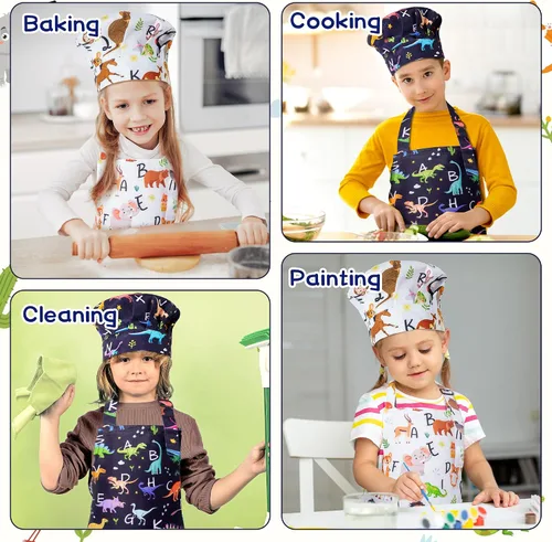 Vista 4 de Juego de 4 delantales y sombrero de chef para niños, regalo para niñas y niños, con palabras del alfabeto de animales, delantales ajustables