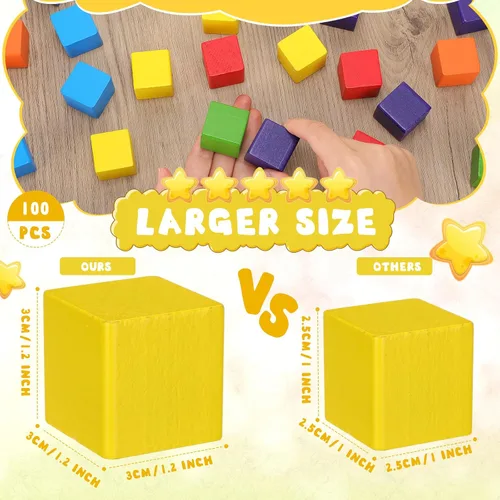 Vista 2 de Libima Juego de 100 bloques de construcción de madera de 1.2 pulgadas, juego de bloques de madera de arco iris, cubos cuadrados de madera coloridos