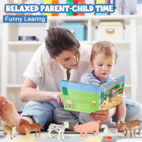 Vista 3 de DOMNIU Figuras de animales de granja, juguetes con 10 figuras de animales de plástico realistas y libro de sonido para niños, juguetes educativos