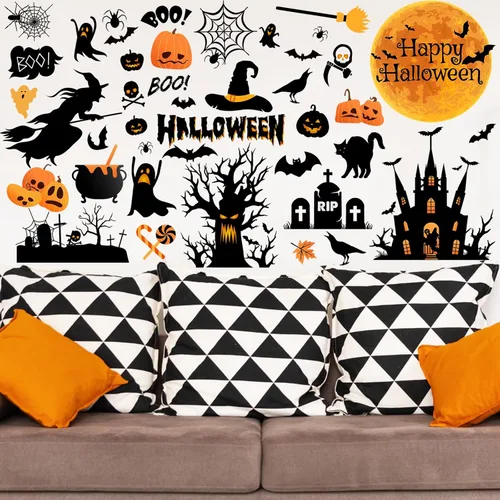 Vista 7 de Haull 6 hojas de calcomanías de pared de Halloween, calcomanías de pared reutilizables para ventana de Halloween, acuarela, bruja, murciélagos