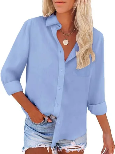 Vista 11 de Camisas de manga larga con botones para mujer, sin arrugas, para trabajo, oficina, con bolsillo