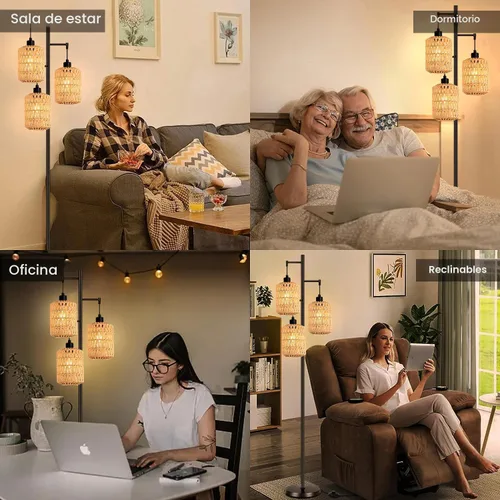 Vista 7 de QIYIZM - Lámpara de pie con diseño de árbol de 3 bombillas; alta, rústica, estilo rural, industrial y boho, pantalla de mimbre y bambú; para sala
