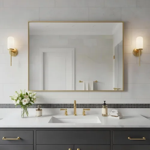 Vista 57 de 24x24 Inch Black Bathroom Mirror for Wall, Aluminum Frame Rectangle Rectangular Vanity Mirror, Modern Large for Bedroom, Living Room, Horizontal or