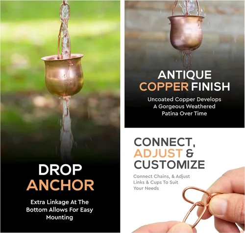 Vista 8 de Cadena de lluvia de cobre – Campanillas decorativas y tazas reemplazan el bajante del canalón y desvían el agua lejos del hogar para una