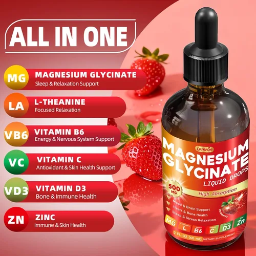 Vista 3 de Gotas líquidas de glicinato de magnesio de 500 mg – Alta absorción con vitamina B6, D3, C, zinc – Apoya el estado de ánimo, sueño, corazón y salud