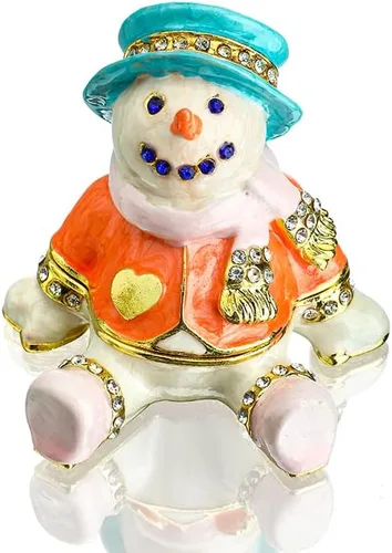Vista 5 de YU FENG Caja de baratijas de Navidad con moño, decoración de hojas verdes y figura de muñeco de nieve, diamantes de imitación pintados esmaltados