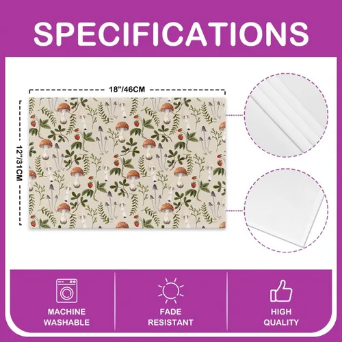Vista 4 de Juego de 4 manteles individuales con diseño de hongos salvajes, acuarela, plantas naturales, decoración de plantas, para niños, adolescentes