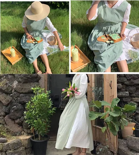 Vista 6 de Delantal plisado vintage para mujeres y niñas, cuello en V, para jardinería, de algodón, vestido de pinafore Verde