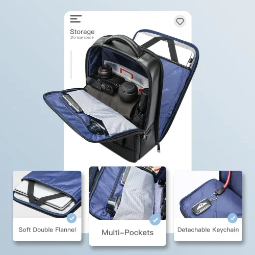 Vista 4 de BOPai Mochila de cuero genuino para hombre, mochila multifunción de 15.6 pulgadas, mochila para laptop de negocios, mochila inteligente de viaje