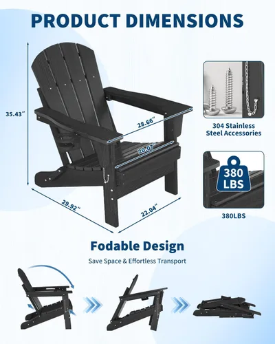 Vista 3 de Juego de 2 sillas Adirondack plegables HDPE con mesa auxiliar, color negro